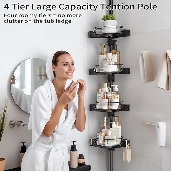 SHUANG QING 360° ROTATING CORNER SHOWER CADDY TENSION POLE ORGANIZER – 4-TIER ADJUSTABLE RUSTPROOF METAL POLE, PLASTIC SHELVES WITH SAFETY GUARDRAIL, BATHROOM STORAGE FOR SHOWER & BATHTUB(BLACK)