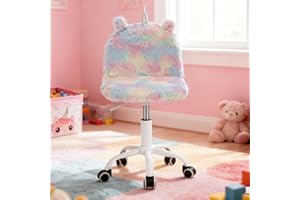 DM Furniture Cute Fuzzy Kids Chair Funny Rolling Study Desk Chair Colorful Girls Vanity Swivel Chair with White Foot