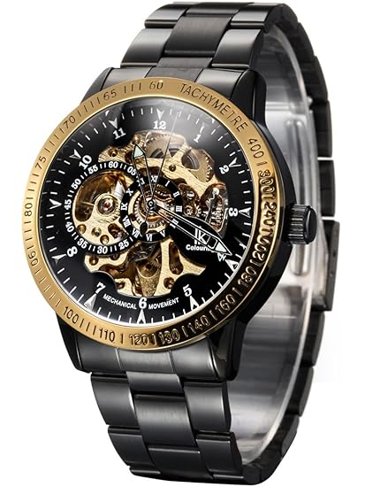 Alienwork IK Herren-Automatikuhr Skelett Glasboden Armbanduhr mit Metallarmband
