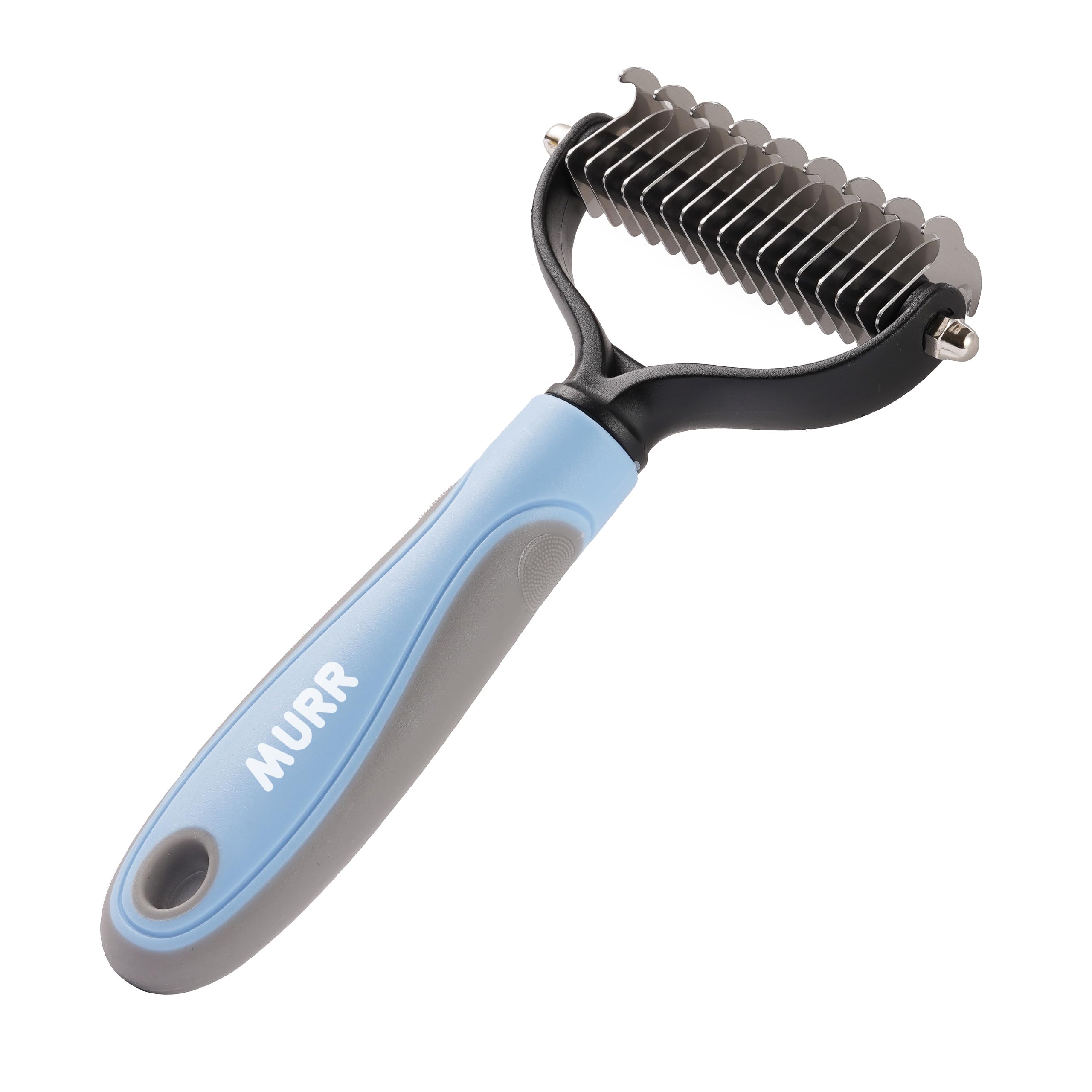 dog grooming rake, de matting brush for dogs, undercoat brush for cats, pet knot remover, dematting comb, black and blue