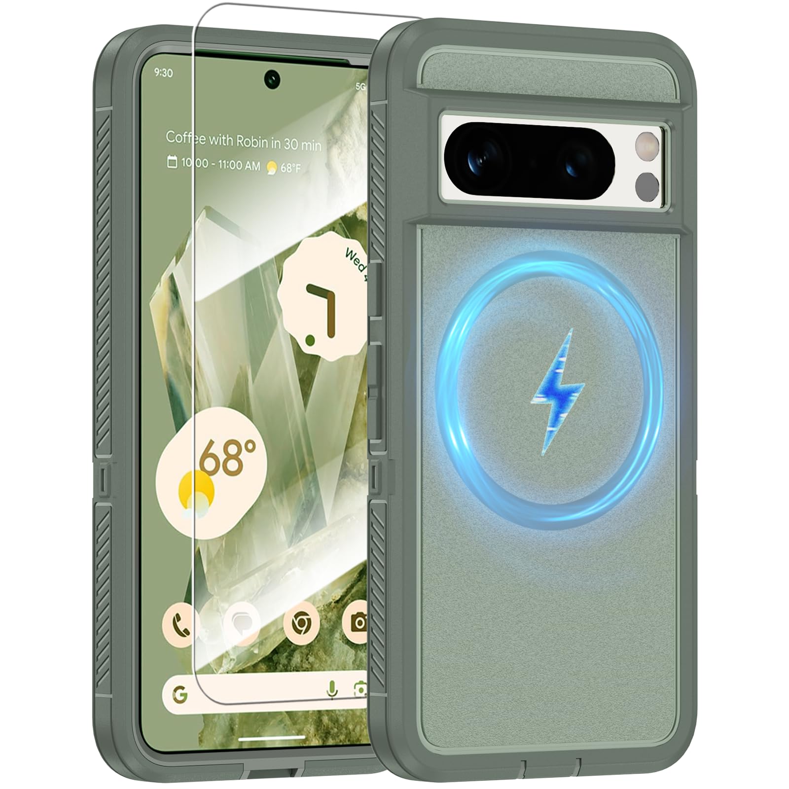Photo 1 of Magnetic Case for Google Pixel 8 Pro [Compatible with Magsafe] [Glass Screen Protector] [Dual Layer Military-Grade Protection] Heavy Duty Shockproof Cover for Google Pixel 8 Pro 6.7 inch, Green