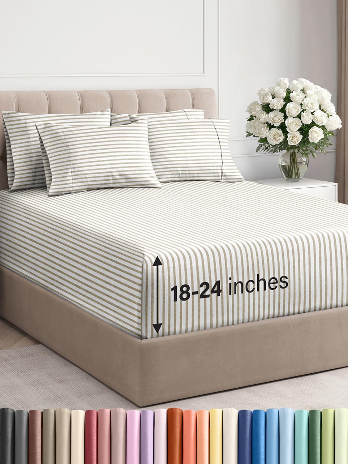 Photo 1 of Extra Deep Cal King Sheet Set - 6 Piece Breathable & Cooling Sheets - Hotel Luxury Bed Sheets Set - Easy Fit - Soft, Wrinkle Free & Comfy Sheets Set - Beige Striped Sheet Set with Extra Deep Pockets