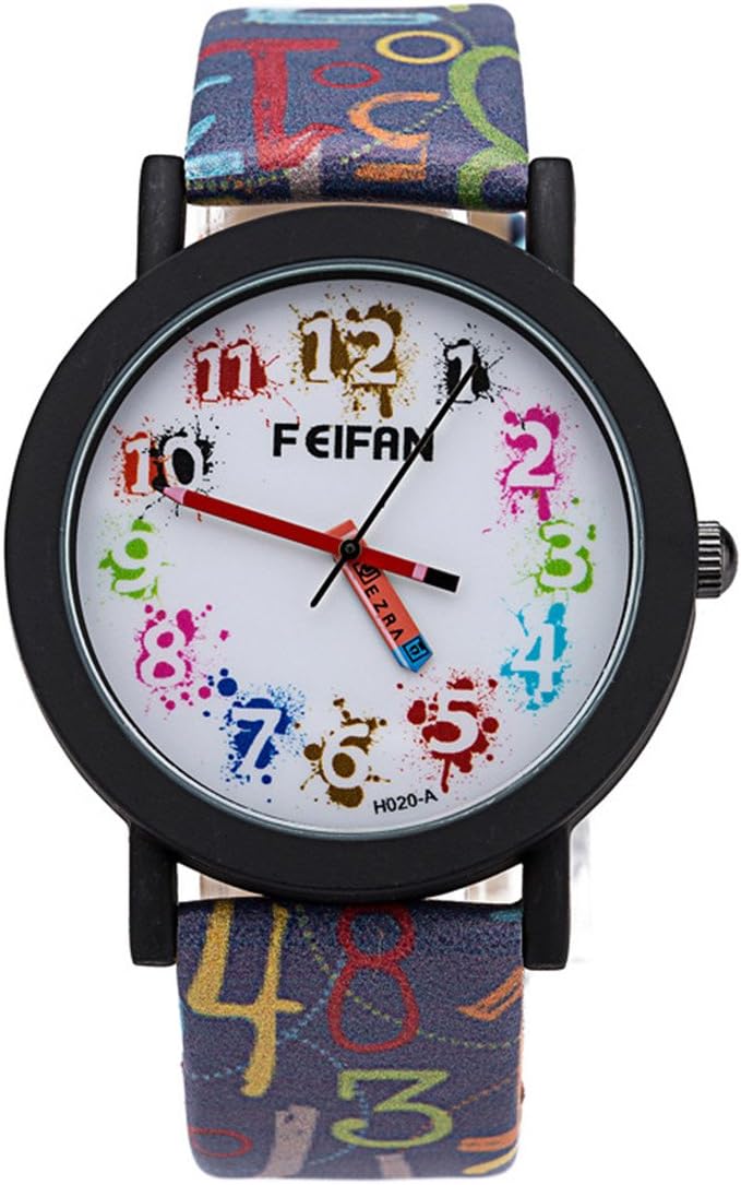 New Stylish Colouful Graffiti Numbers Dial Leather Quartz Wrist Watch Novelty For Men Women