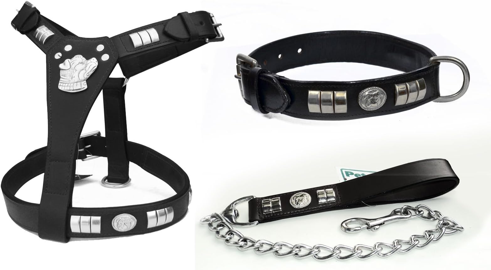 STAFFY STAFFORDSHIRE BULL TERRIER DOG HARNESS, COLLAR AND CHAIN LEAD SET BLACK & BROWN CHROME DOG FACE (BLACK)