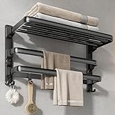 VOLDRA 24-Inch Towel Rack,Bathroom Towel Shelf with 2 Towel Bar Foldable Towel Holder with 7 Hooks Towel Storage Organizer for Bathroom & Lavatory Wall Mounted (Matte Black)