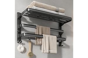 VOLDRA 24-Inch Towel Rack,Bathroom Towel Shelf with 2 Towel Bar Foldable Towel Holder with 7 Hooks Towel Storage Organizer for Bathroom & Lavatory Wall Mounted (Matte Black)