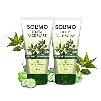 Amazon Brand - Solimo Neem Facewash with Aloe Vera & Cucumber Extracts, SLES & Paraben Free, 2 X 150 ml