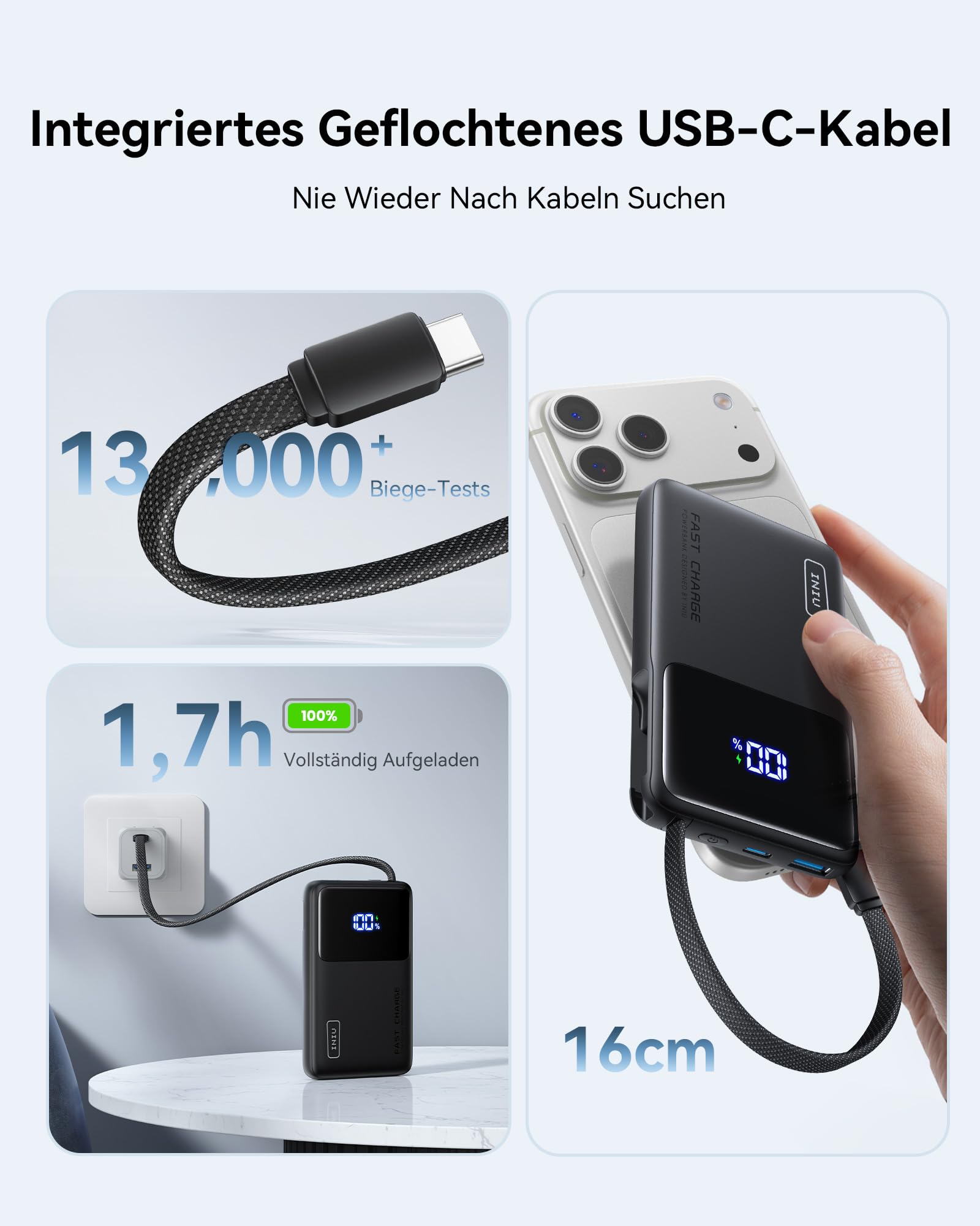 INIU Power Bank, 10000mAh Ultra-dünn 45W Schnellladen Powerbank mit USB C Kabel, Klein und Stark Externe Handyakkus, Flugtauglich, Camping Zubehör für iPhone 17-12, Samsung S25, Xiaomi, iPad etc. 5