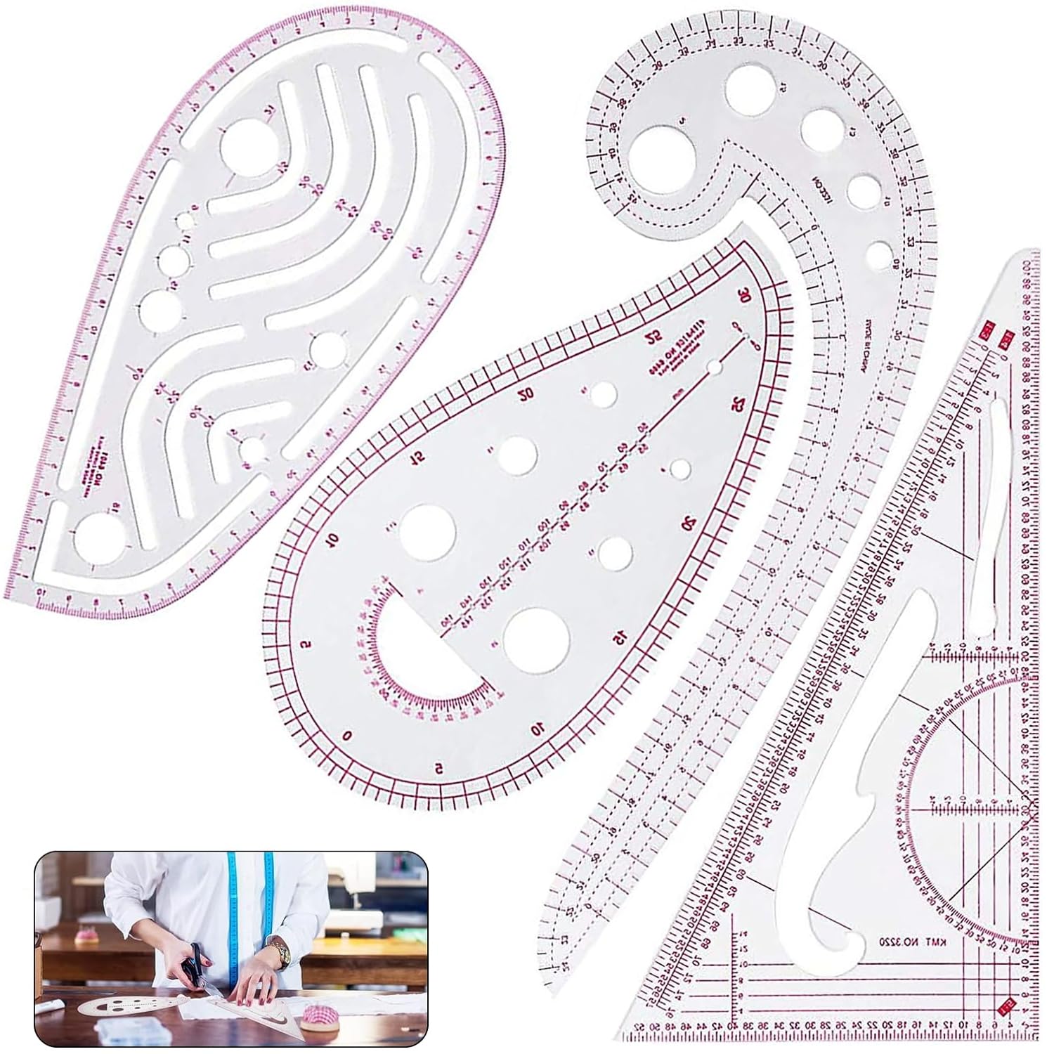 4-Piece Sewing Ruler Set - French Curve & Pattern Drafting Rulers, Multifunctional Tailor Rulers for Dressmaking, Quilting, Crafting, and Designing - Durable Sewing Accessories for Precision Cutting