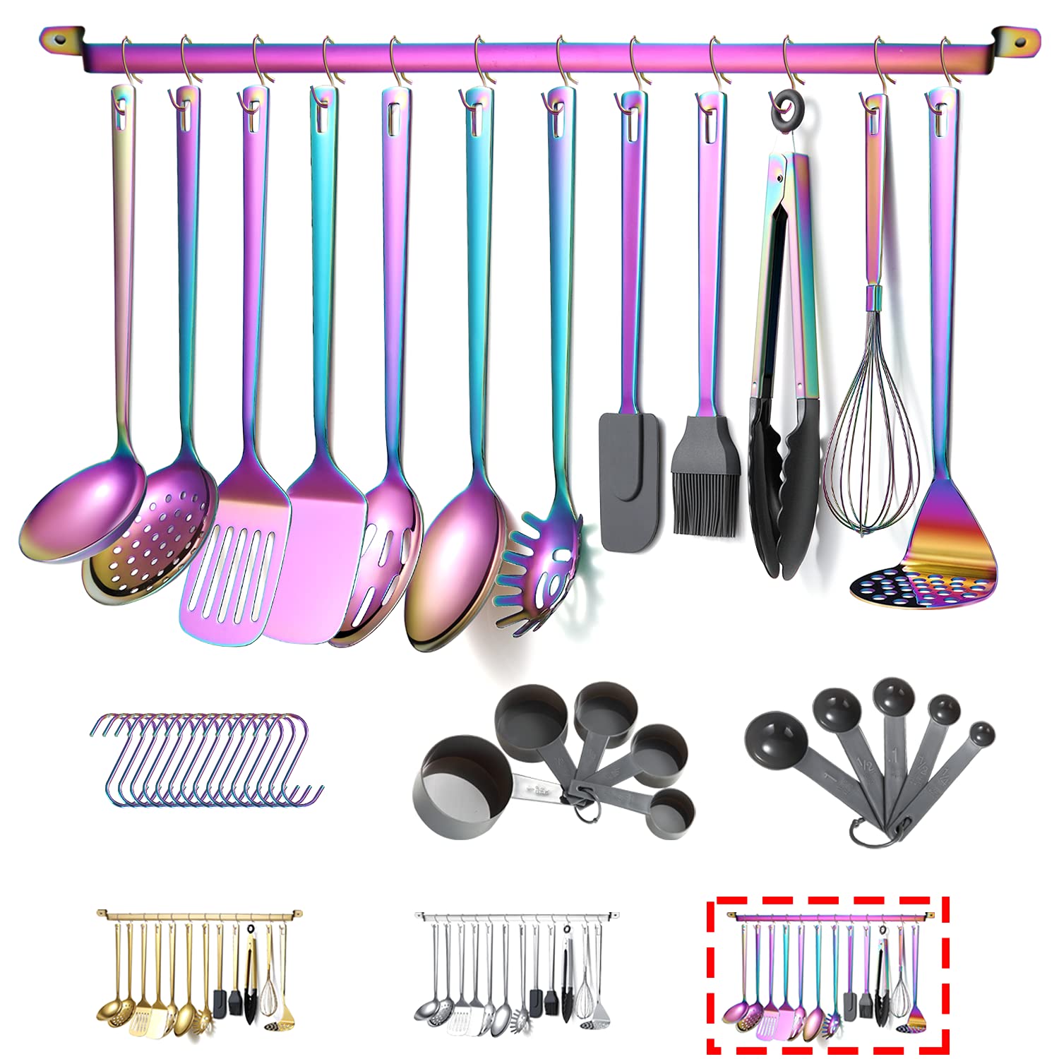 Rainbow Cooking Utensils Set,Kyraton Stainless Steel 37 Pieces Kitchen Utensils Set with Titanium Colorful Plating,Kitchen Gadgets Cookware, Kitchen Tool Set with Utensil Holder, Dishwasher Safe