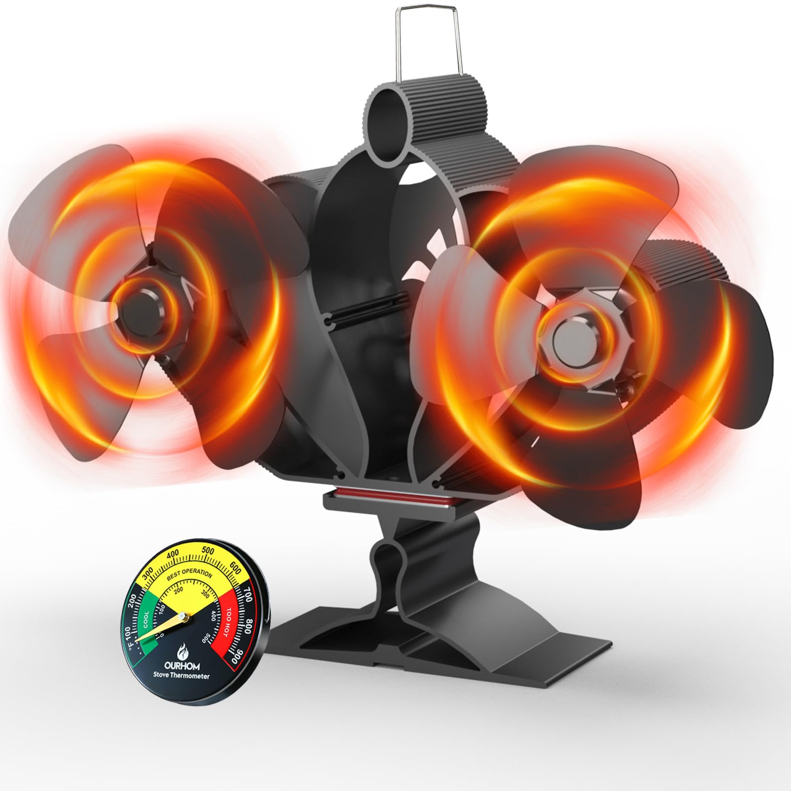 Ourhom Log Burner Fan, 8 Blades Wood Burning Stove Fan Heat Powered with Magnetic Thermometer, Silent Motors, Push Horizontal Air Flow, With Backplate to Prevent Wire Burnout