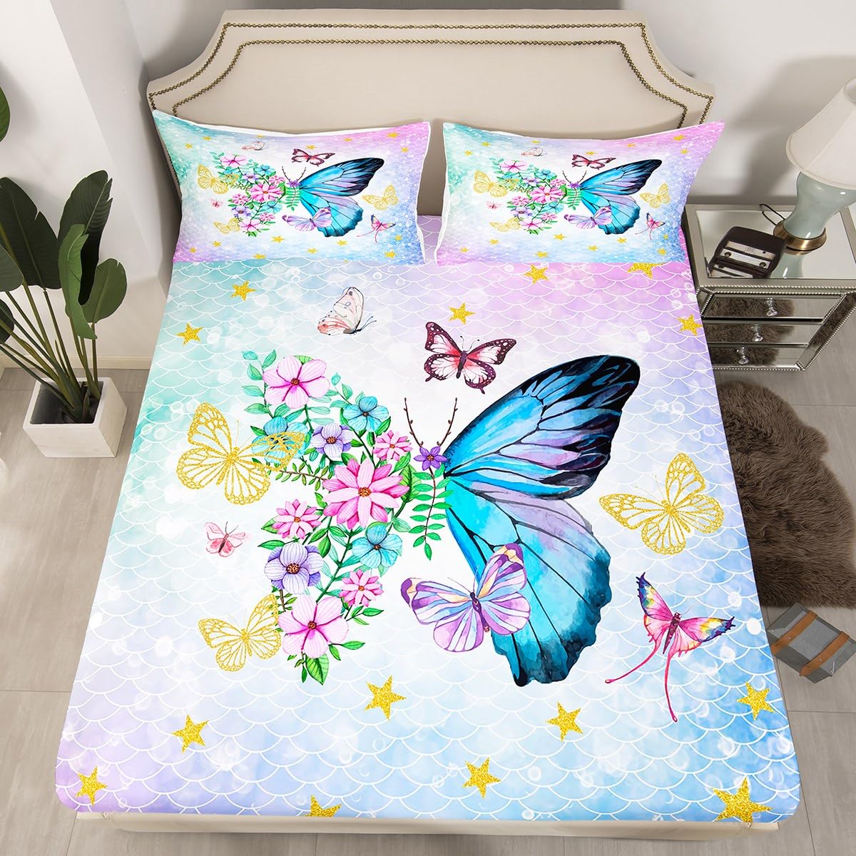 Butterfly Fitted Sheet Single Size, Mermaid Fish Scale Bed Cover with 1 Pillowcase, Colorful Floral Butterfly Bedding Set 2pcs for Kids Girls Room Decor, Soft Polyester Bedding