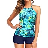 Women 2 Piece Tankini Set - High Neck Tummy Control Swimsuit with Shorts 2025 Halter Bathing Suit Swimwear