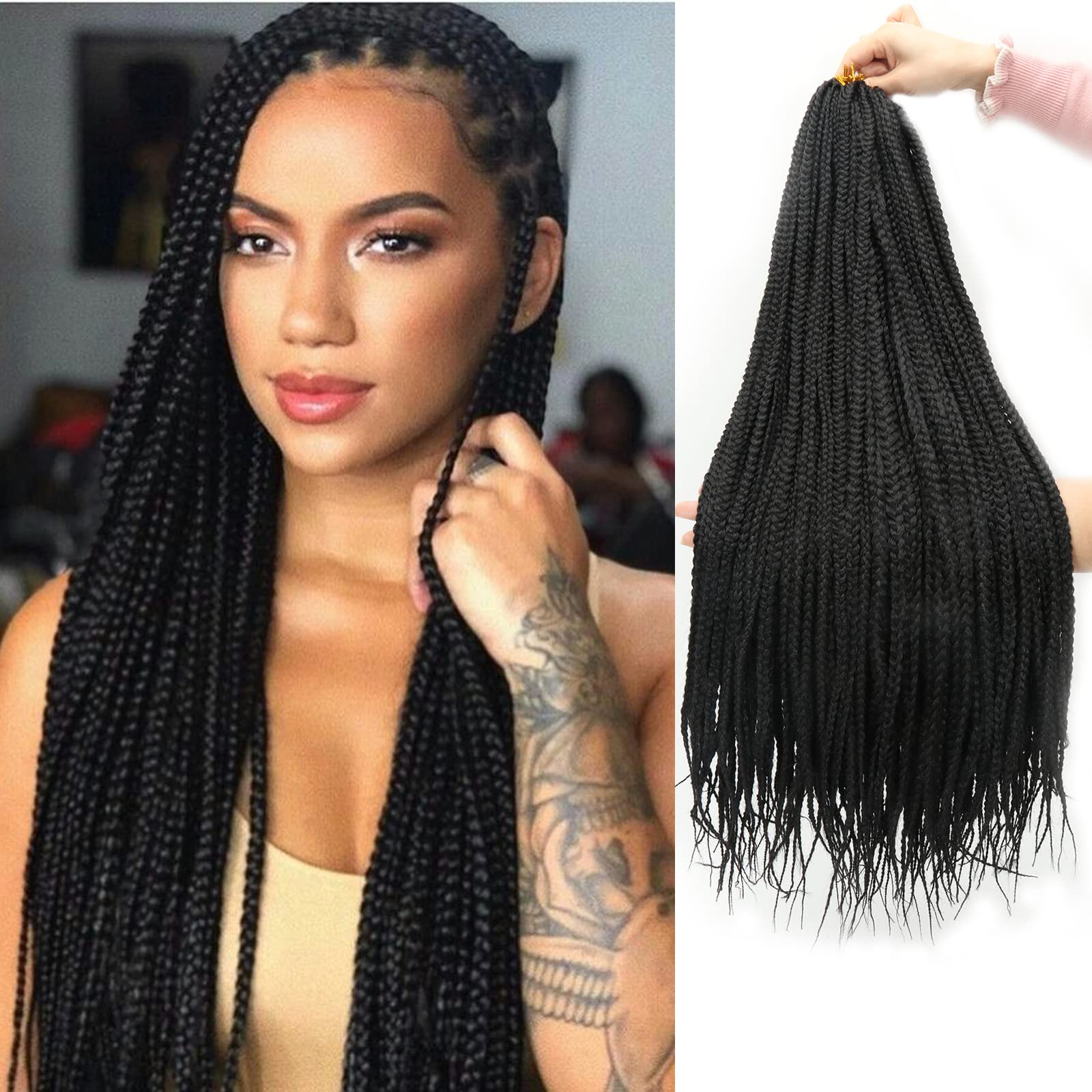 Photo 1 of THEMIS HAIR Box Braids Crochet Hair 24 Inch 6 Bundles Straight Pre-Looped Handmade Braids Synthetic Medium Crochet Knotless Braiding Hair Extensions for Black Women(24 Inch, Black 1B)