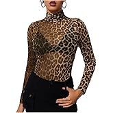 WDIRARA Women's Leopard Print See Through Mock Turtle Neck Long Sleeve T-Shirt Casual Slim Fit Top