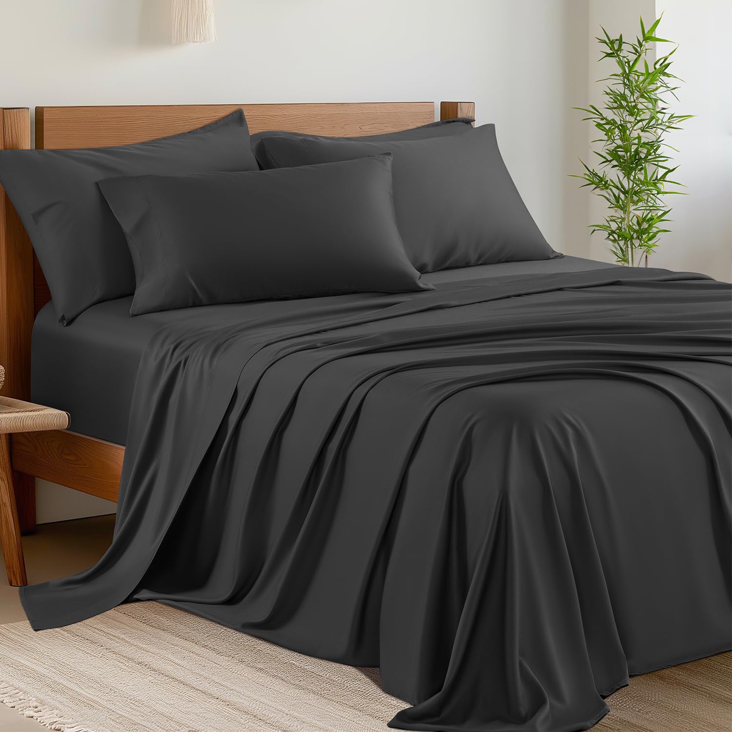 Photo 1 of Shilucheng 6 Piece Queen Sheet Sets, Cooling Sheets, Blend Rayon Derived from Bamboo, Deep Pocket Up to 16", Breathable & Soft Bed Sheets, Hotel Silky Bedding Set, Black