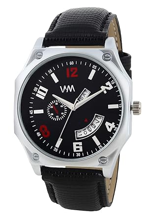 Day and Date Quartz Analogue Black Dial and Leather Mens Watch