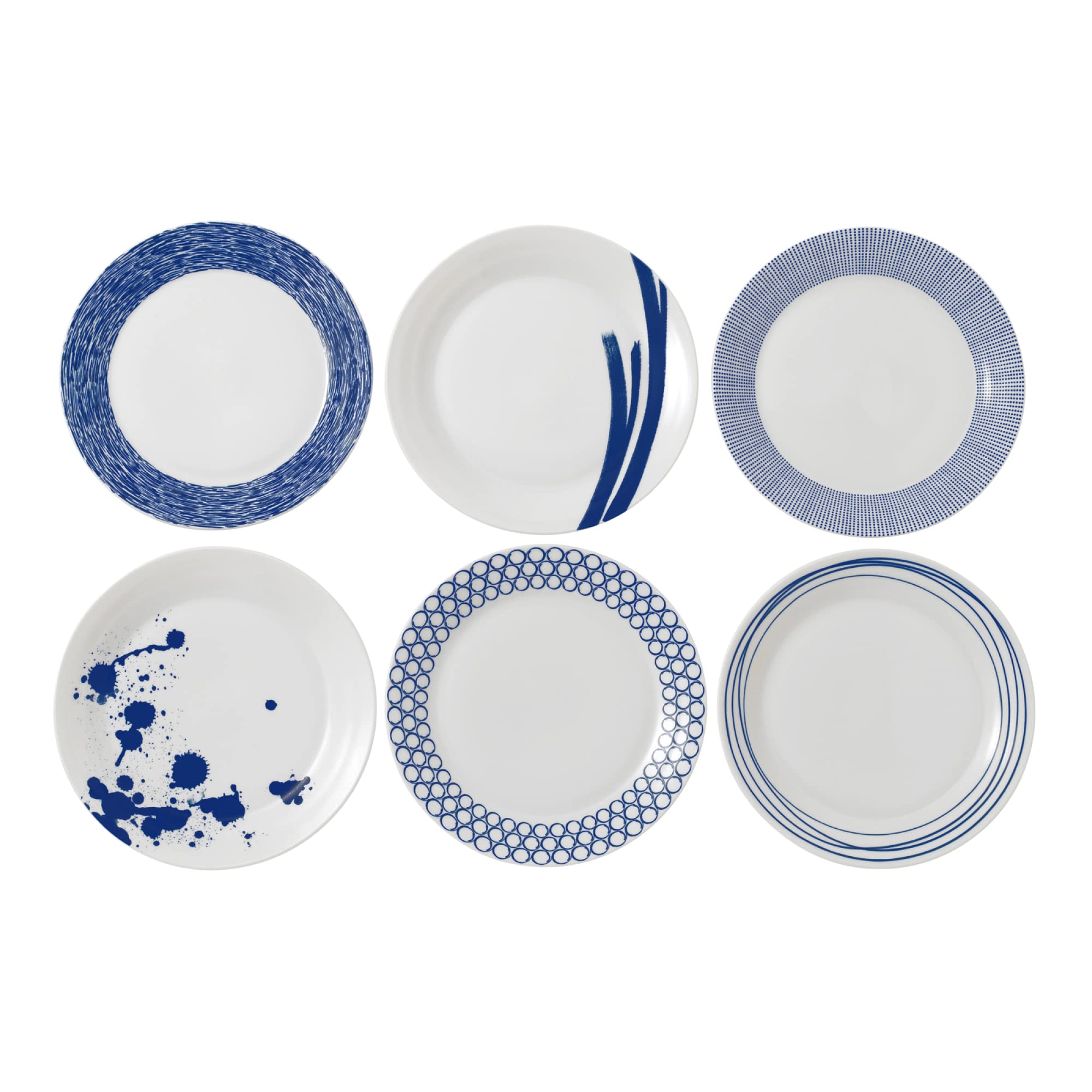 Royal Doulton 40034435-Large Set of 6, Pacific Blue Collection Tableware Perfect for Breakfast, Lunch and Dinner-Blue & White Plates, 29cm, Porcelain
