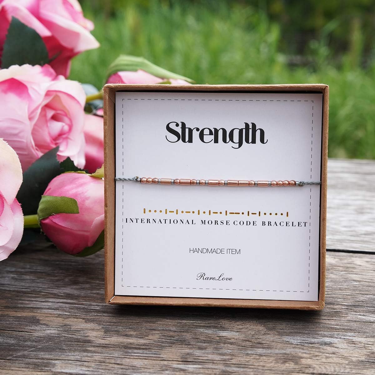 RareLove Strength Morse Code Bracelets Be Strong Inspirational Encouragement Friendship Gift For Women Girls Rose Golden Beads Grey String Bracelet: Clothing