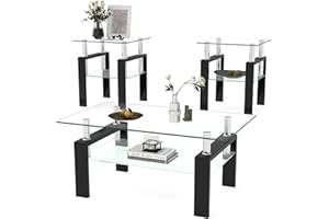 IANIYA 3 Piece Living Room Table Set, Modern Tempered Glass Coffee Table Set, Glass Coffee Table Black Metal Frame End Table for Living Room Apartment Small Space, Clear