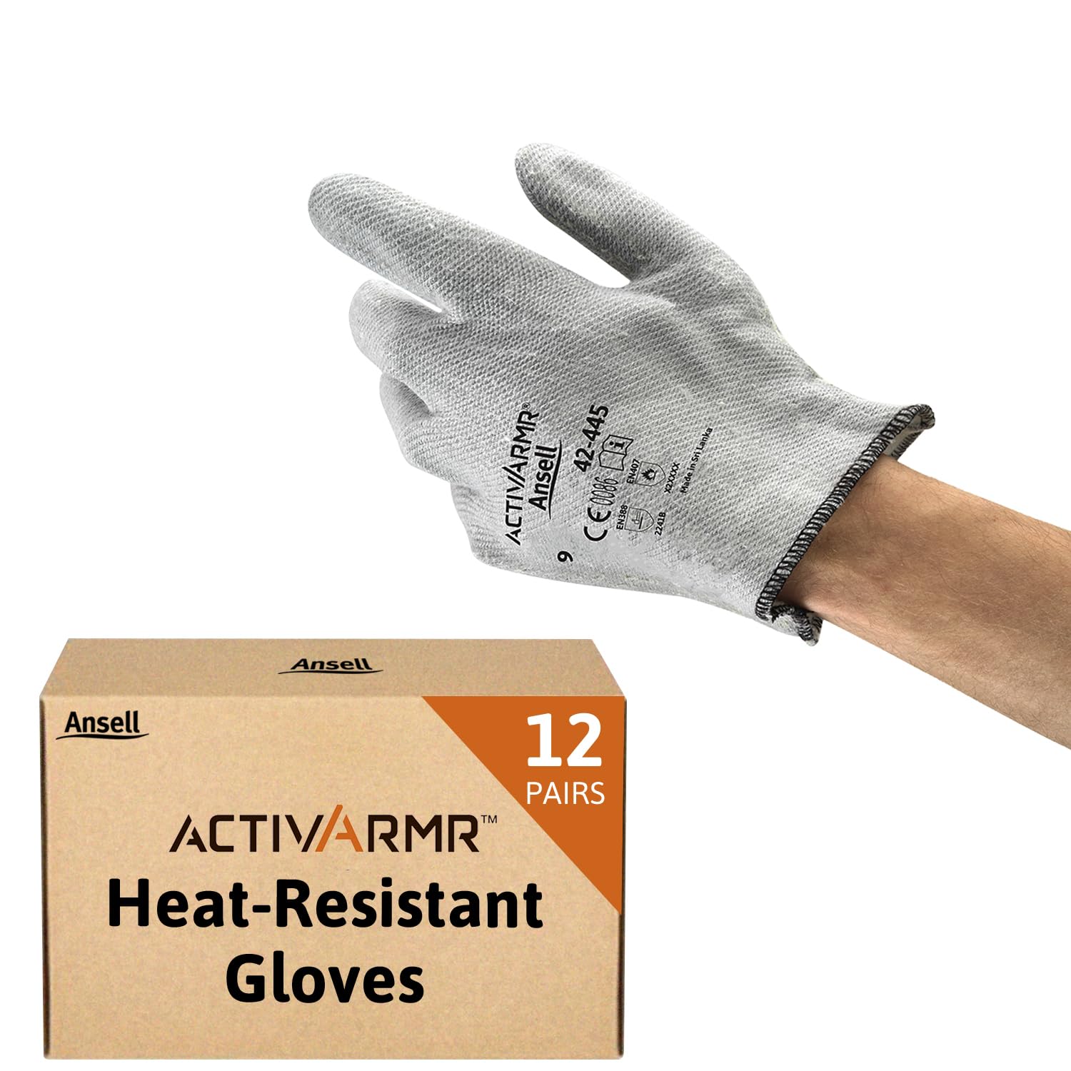 Ansell ActivArmr 42-445 Heat-Resistant Gloves, Special Purposes for Mechanics and Chemical Uses, Industrial Safety PPE Workwear, Professional Protection Gloves, Grey, Size XL (12 Pairs)