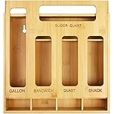DUJEN Plastic Bag Organizer for Drawer, Bamboo Food Storage Bags Container Organizer with Slider, Baggie Bags Storage for Drawer Compatible with Gallon, Sandwich Variety Size Bags