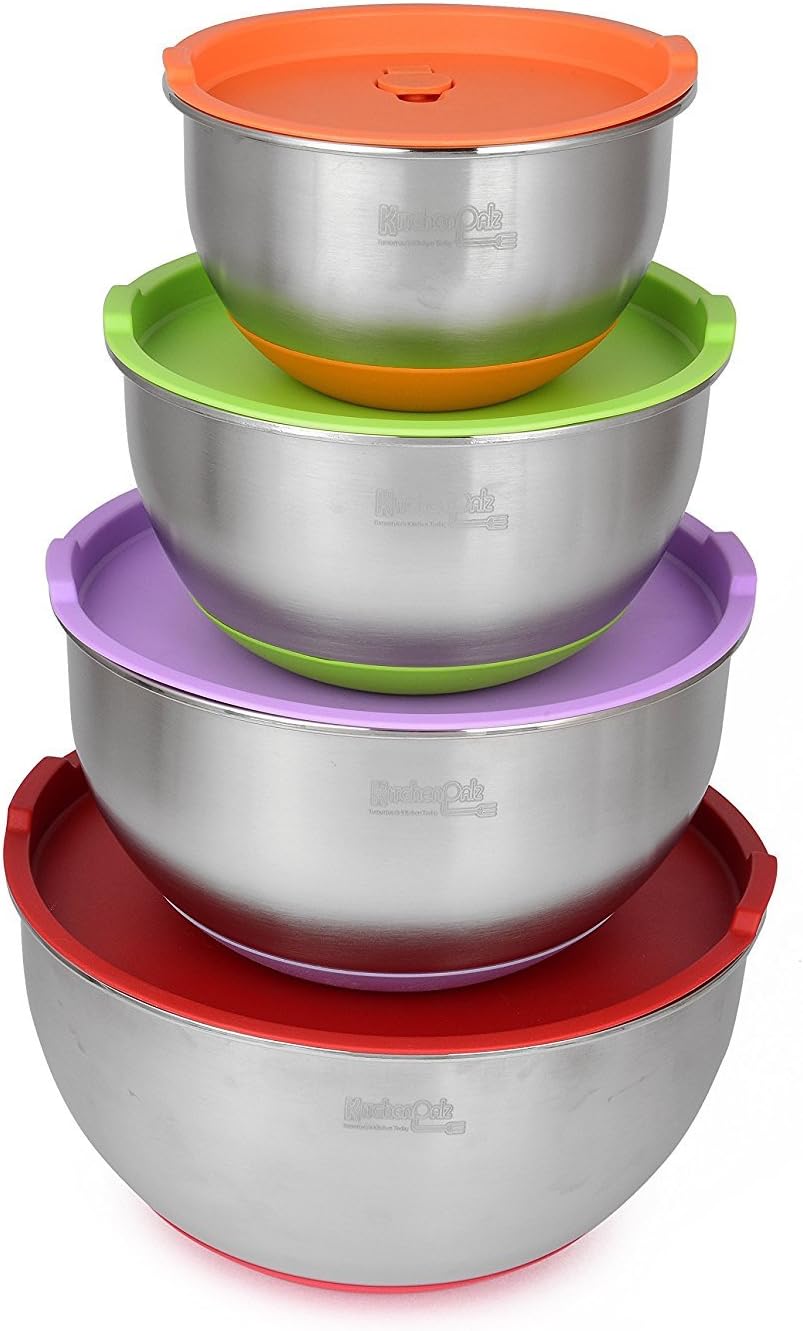 Mixing Bowl Set With Lids - Stainless Steel, Nesting for Easy Storage, Non-Slip Silicone Bottom, 4 Polished Mirror Finish Bowls - Bonus Whisk & Spatula (by KitchenPalz)