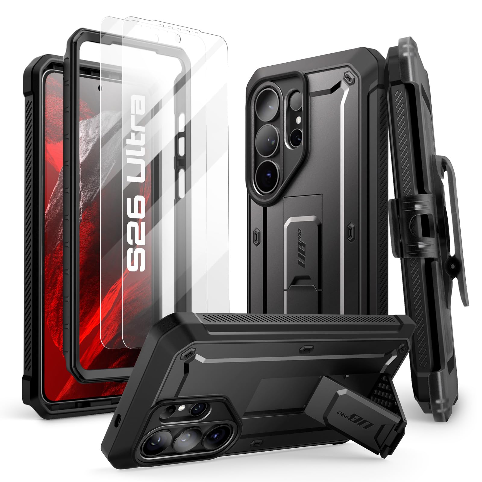 SUPCASE for Samsung Galaxy S26 Ultra Case with Stand & Belt-Clip (Unicorn Beetle Pro), [2 Tempered Glass Screen Protectors & Front Frame] Military-Grade Protective Phone Case for S26 Ultra, Black