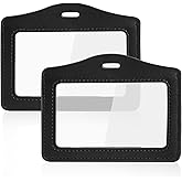 2 Pack Genuine Leather ID Badge Holders, Horizontal ID Card Holders with Single-Side Clear Window, Waterproof Name Badge Holde Suit for Office, Staff, Students, Employees (Black&Black)
