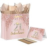Small 21st Birthday Gift Bag Rose Gold 21 & Fabulous Gift Bag with Greeting Card & Tissue Paper, Pink 21 Years Old Bday Gift wrapping Paper for Women, Daughter, Sister, Birthday Party Decorations