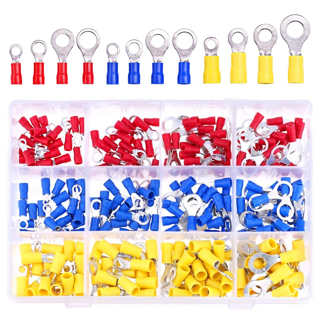 Hilitchi 240 Pcs Insulated Terminal Ring Electrical Wire Crimp Connectors Set, Yellow, Blue, Red