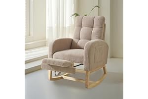 Hevaotry Nursery Rocking Chair with Adjustable Footrest for Living Room,Teddy Fabric Rocking Chair with Solid Wooden Legs，Comfortable Lounge Armchair with Side Pockets and High Backrest(Light Coffee)