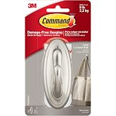 Command 5 lb Large Brushed Nickel Color Hook, 1 Hook and 2 Command Strips, Damage-Free Coat Hooks with Adhesive Strips, Traditional Hooks for Hanging Home Decor and Room Decor