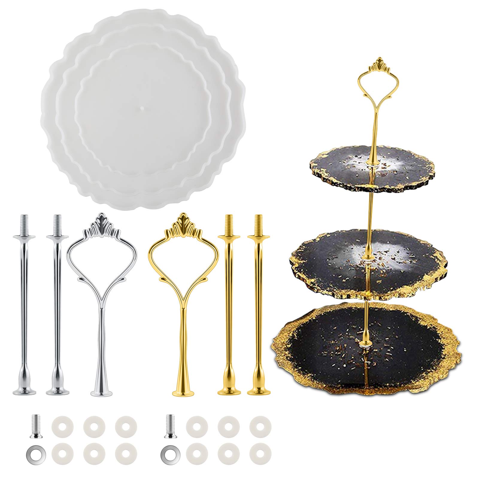 3 Tier Cake Stand Molds for Resin, Silicone Cake Resin Tray Mold, with a Set of Golden Bracket and a Set of Silver Bracket, DIY Epoxy Resin Casting Mold for Making Dessert Platter, Serving Stand