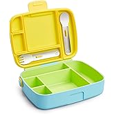 Munchkin Lunch Bento Box for Kids and Toddlers, Includes Stainless Steel Utensils, BPA-Free, 18 Months and Up, Blue/Green/Yellow