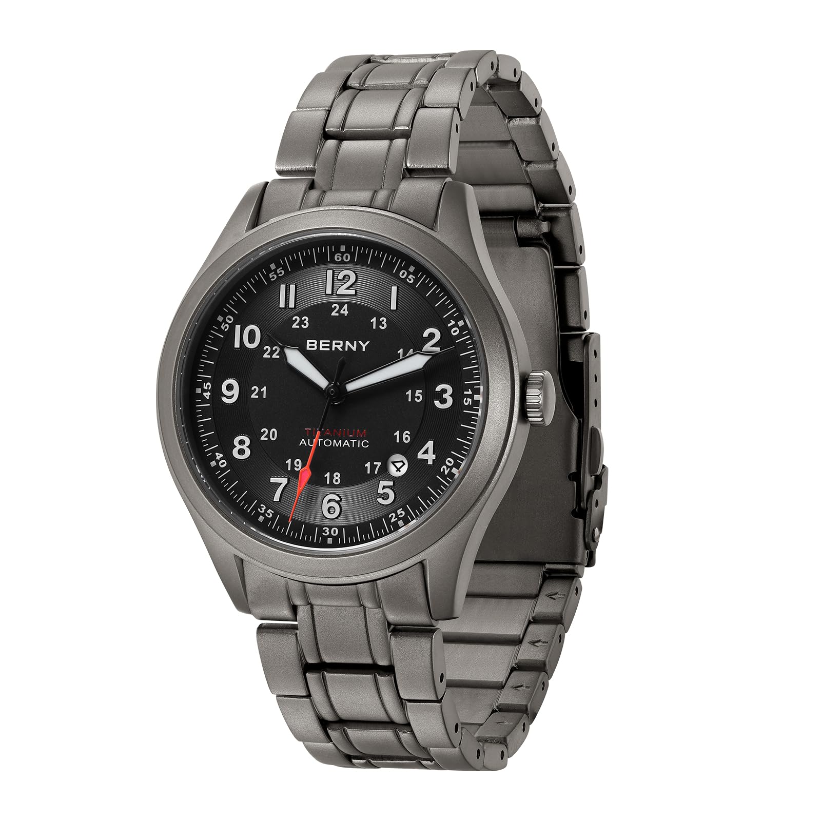 BERNY Men's Watch, Titanium Watch, Automatic Winding, Super Luminous, Water Resistant to 10 ATM, Analog Mechanical, Sapphire Crystal, Date Display, Men's Watch, Black dial - White markers - Titanium