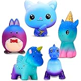 Large Squishes Toy Gifts 5 Pcs, Including Cat, Rabbit, Elf, Unicorn, Dinosaur, Starry Blue Giant Squeeze Kawaii Toy, Creamy S