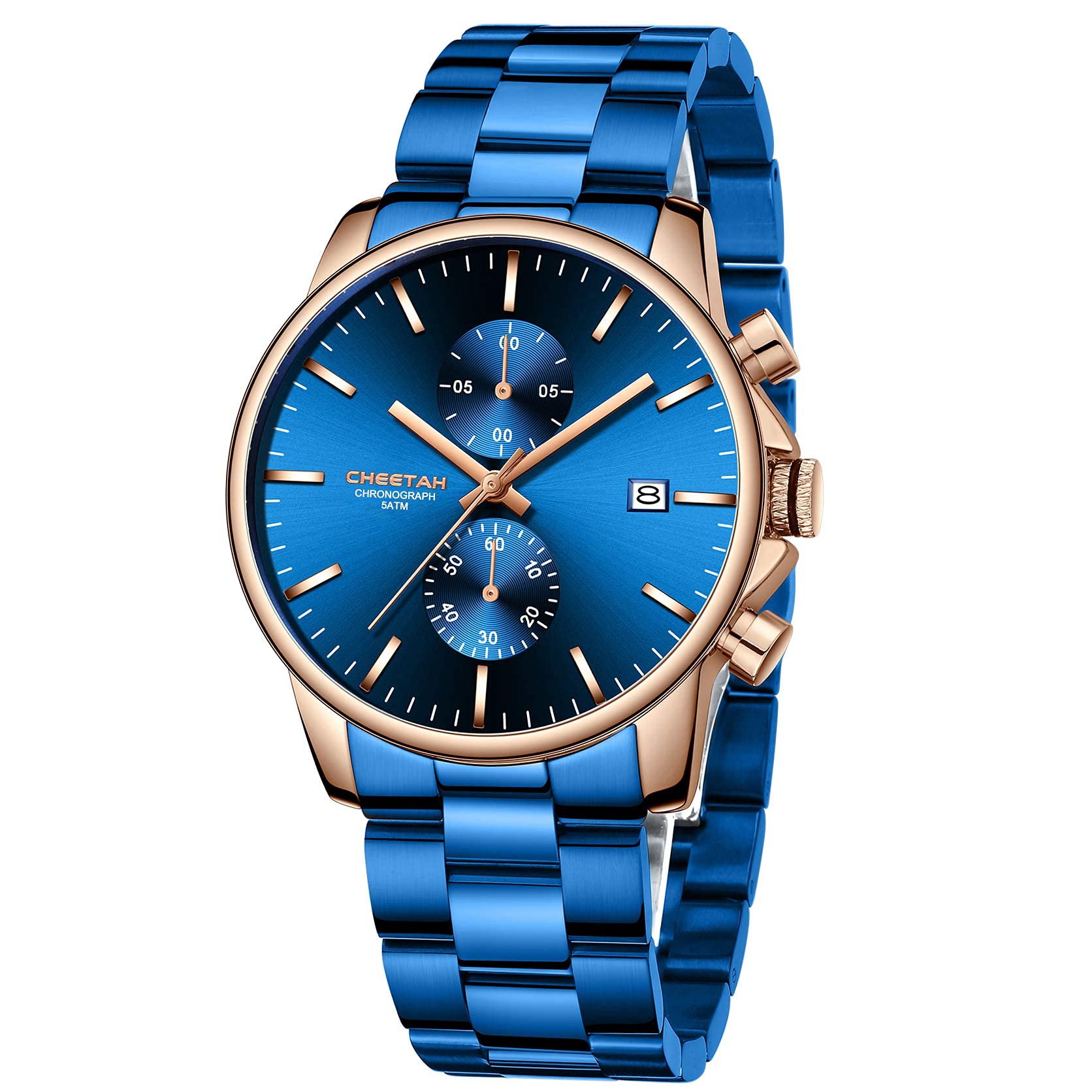 Men's Watches with Casual Waterproof Chronograph Quartz Watch Stainless Steel Metal Auto Date in Colourful Hands, Rose Gold Blue, Roségoldblau, Bracelet