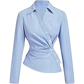 SweatyRocks Women's Striped Button Down Blouse Long Sleeve Ruched Wrap Asymmetrical Shirts