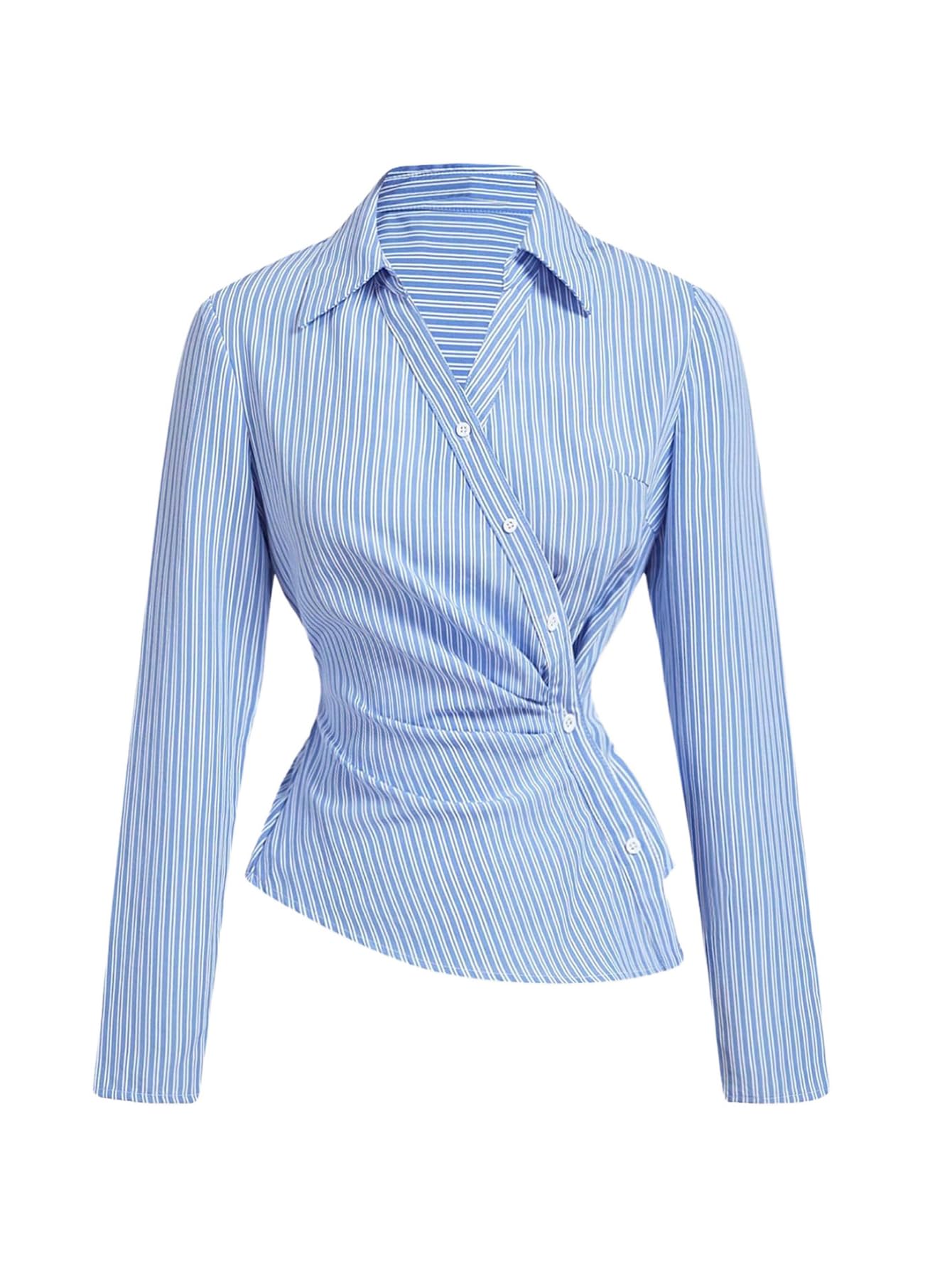 Photo 1 of SweatyRocks Women's Striped Button Down Blouse Long Sleeve Ruched Wrap Asymmetrical Shirts Blue and White Medium