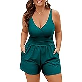 Plus Size Swim Romper Women One Piece Swimsuit Tummy Control Bathing Suit Modest Full Coverage Swimwear with Shorts Pockets