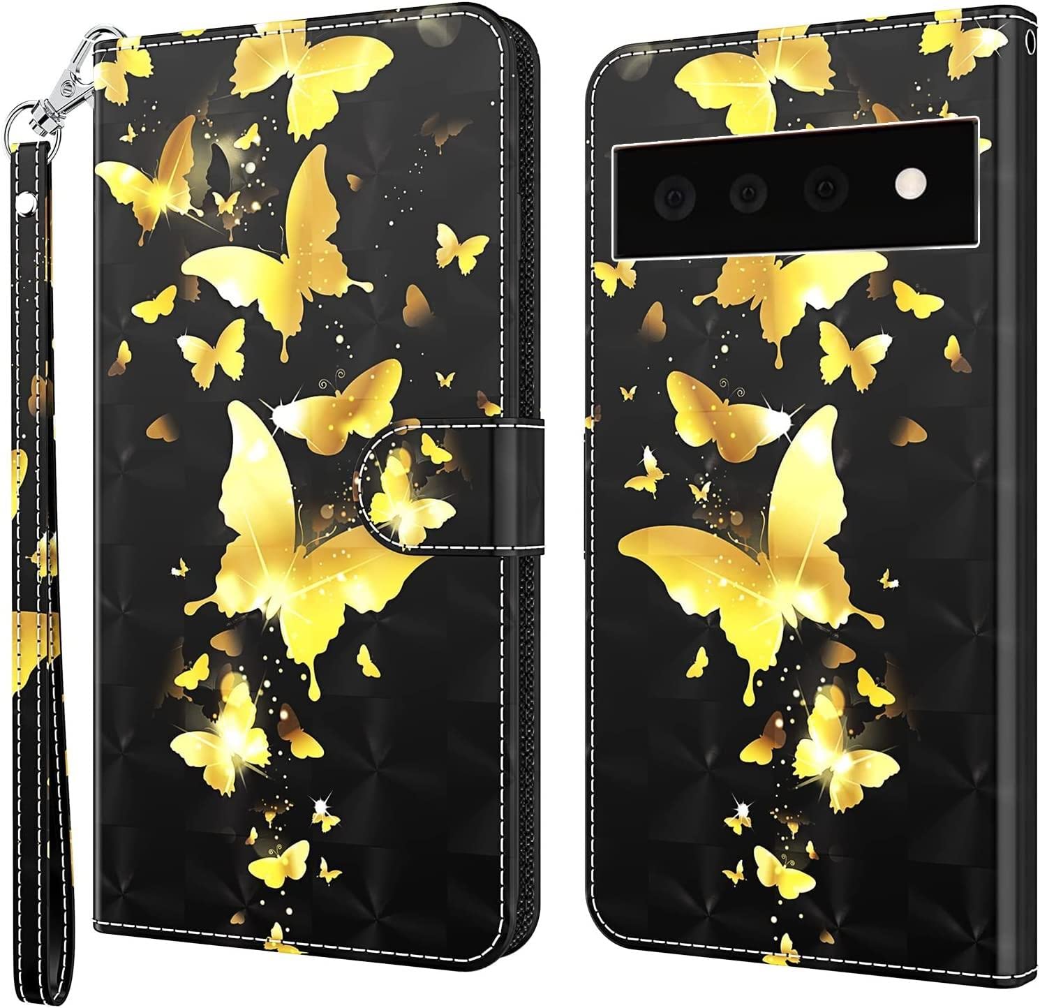 GLANDOTU Case for Google Pixel 7 6.3 inch,Flip Folio Wallet PU Leather Cover with Magnetic Button,Standing Function Full-Body Protective for Google Pixel 7 6.3 inch Phone Cases-Gold butterfly
