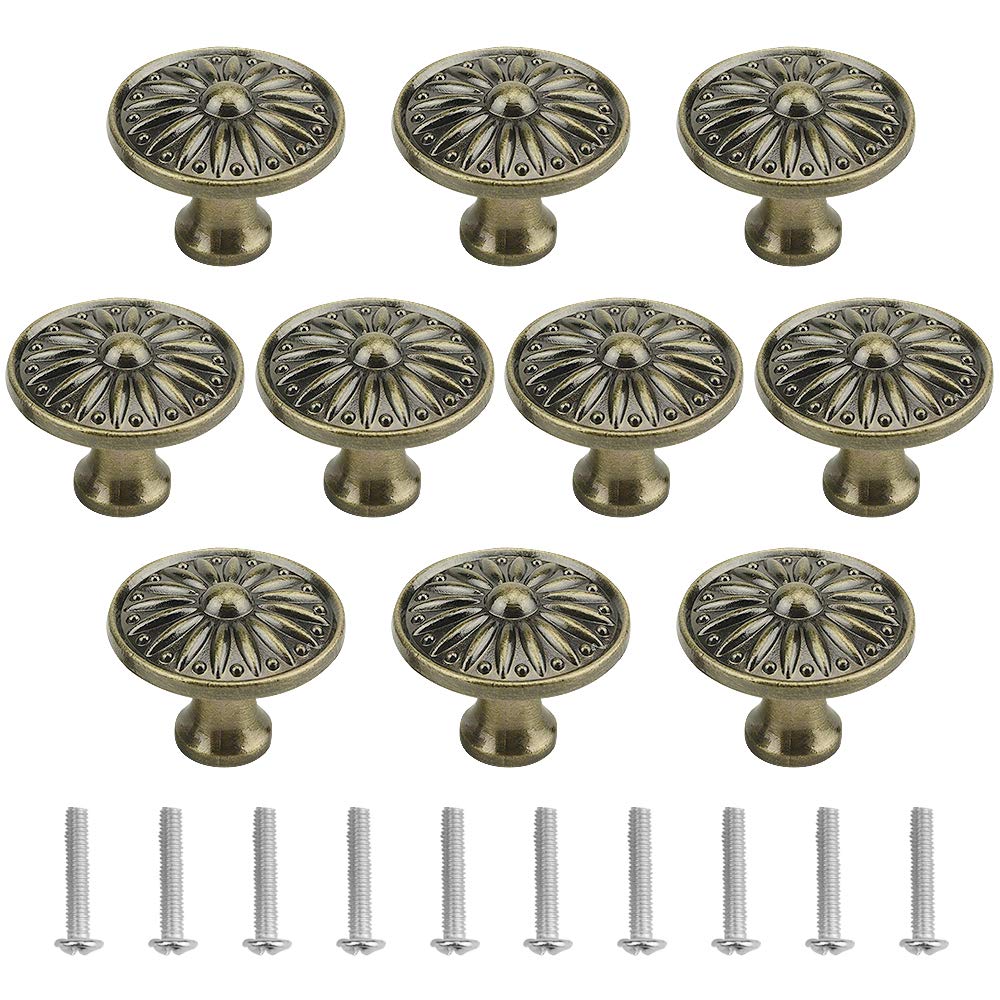TOVOT 10PCS Antique Drawer Knobs 35MM Door Knobs with Screws Zinc Alloy Pulls Round Flat Handles for Cabinet Cupboard Furniture DIY