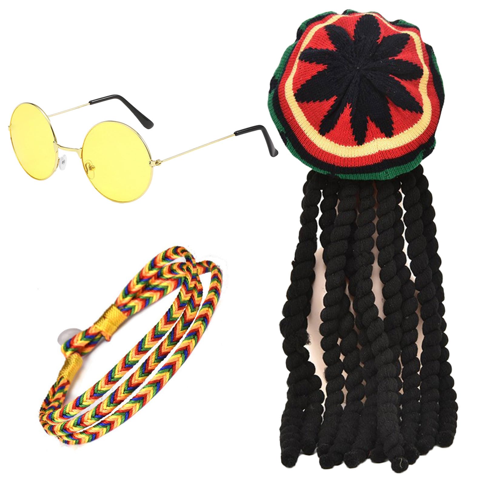 FUIPVGI 3 Pcs Rasta Set, Rasta Hat with Black Dreadlocks Wig, Yellow Glasses, Braided Bracelet, Jamaican Dreadlocks Wig, Caribbean Fancy Dress Costume for Parties, Cosplay, Masquerade (Multicolor)