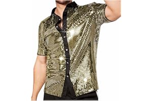 Men's Disco Shirt 70s Shirts Short Sleeve Button Down Vintage Sequin Disco Outfits Party Costume Tops