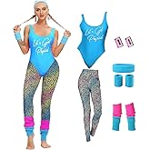 MIAIULIA Womens 80s Workout Costume Outfit 80s Accessories Set Leotard Neon Legging Headband Wristbands Set
