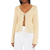 Saodimallsu Womens Summer Crochet Lightweight Cardigans Tie Front Mesh Knit Long Sleeve Casual V Neck Beach Cover Ups