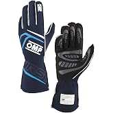 OMP Racing Driving Gloves, First, FIA Approved, Single Layer, Fire Retardant Fabric, Navy Blue/Cyan, Large, Pair