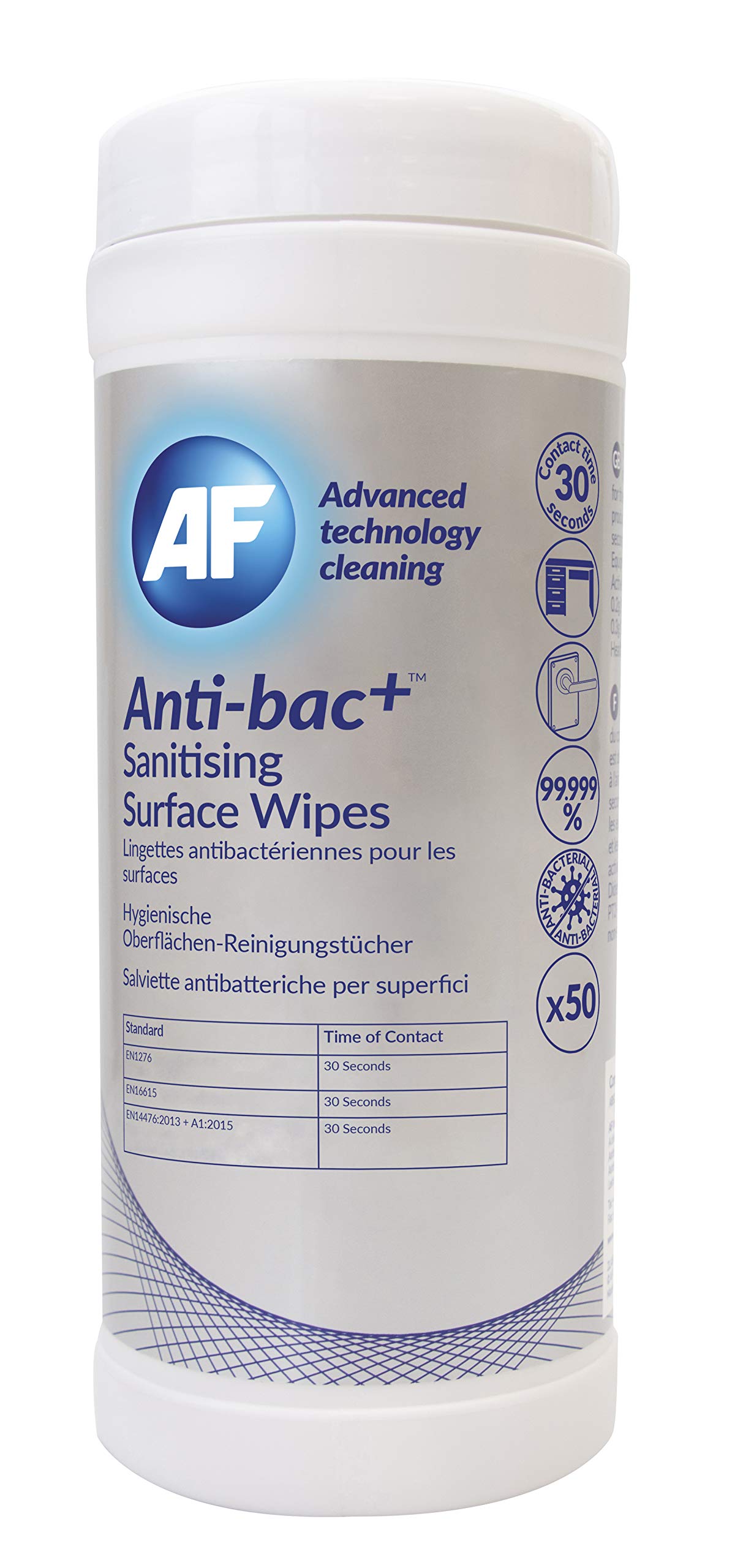 AF - Anti-bac+ Sanitising, Antibacterial Surface Cleaning Wipes –approved to standards EN1276, EN16615 and EN14476:2013 + A1:2015 for Office, Schools, Gyms, upto 10x Faster!