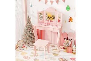 AKUSTIK Kids Vanity, 2 in 1 Wooden Dressing Table and Chair Set with Tri-Folding Mirror, Stool, Storage Drawer, Toddlers Pretend Princess Beauty Playset Toy for Girls